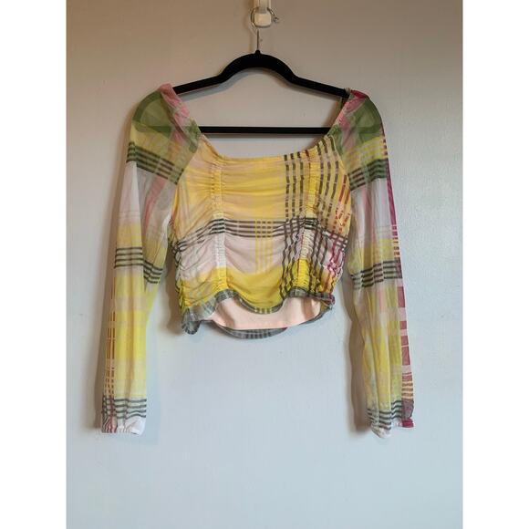 Women's BCBGeneration Yellow Pink plaid mesh crop long sleeve top LARGE - Picture 4 of 6